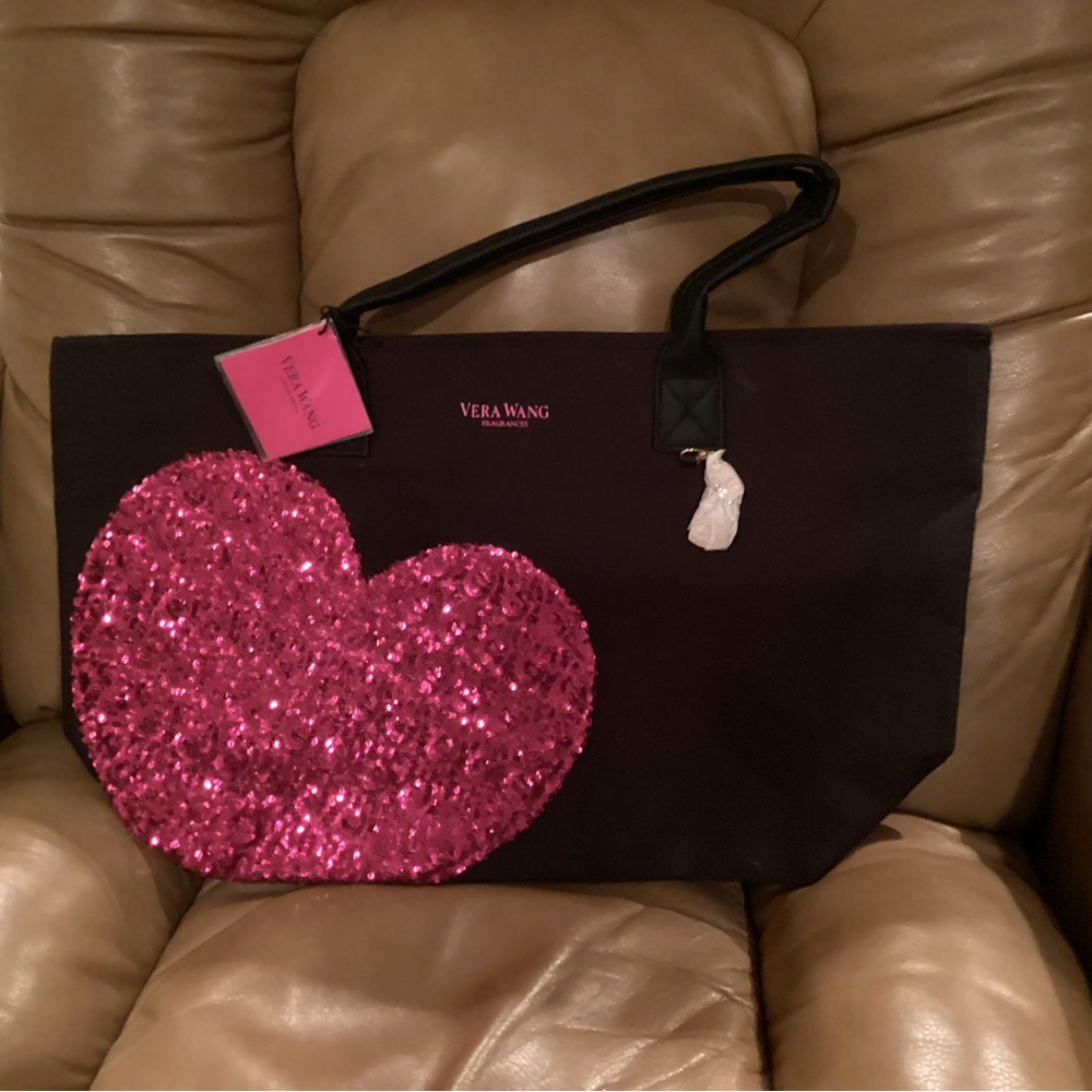 Vera Wang Black and Pink Tote Bag with Glitter Heart